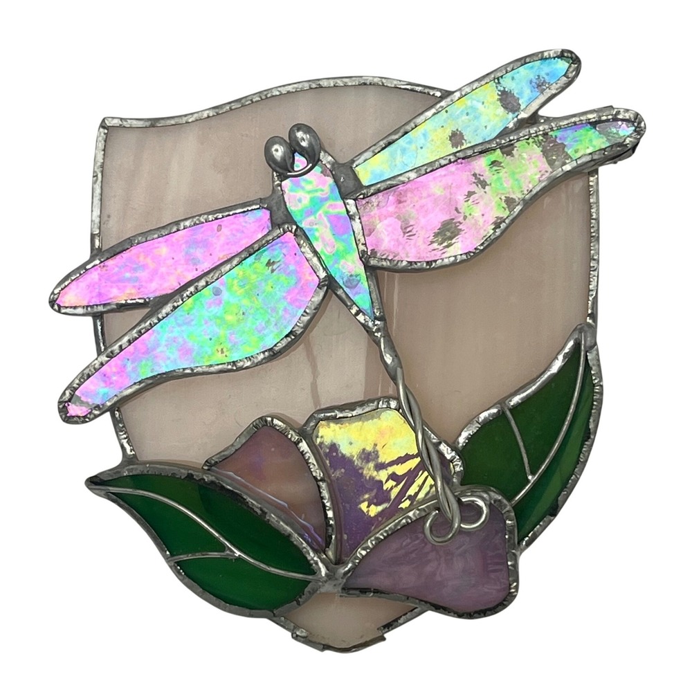 VTG Stained Glass Iridescent Dragonfly Night Light Cover Window Decor Art Glass